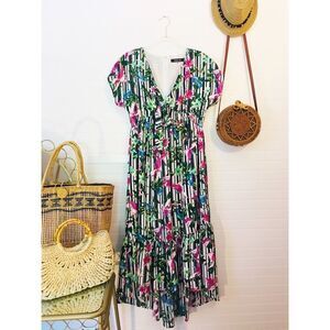 Sugar + Lips Tropical Floral Black White Striped Dress NWT Size Medium